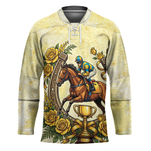 Melbourne Horse Race Hockey Jersey Aussie Floral Horseshoe Yellow Rose