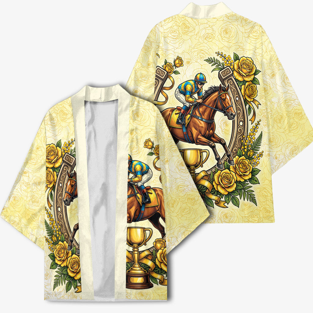Melbourne Horse Race Kimono Aussie Floral Horseshoe Yellow Rose