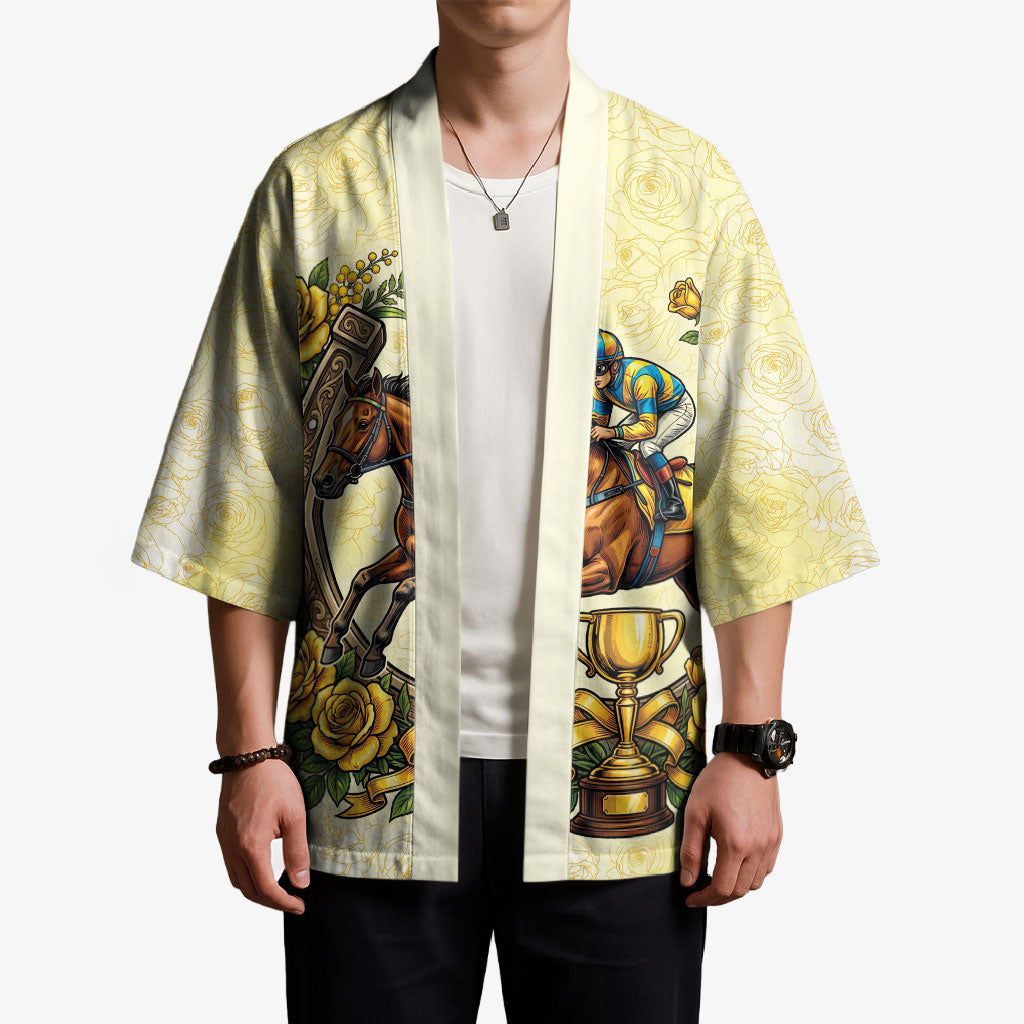 Melbourne Horse Race Kimono Aussie Floral Horseshoe Yellow Rose