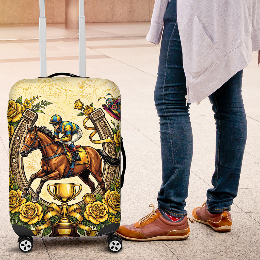 Melbourne Horse Race Luggage Cover Aussie Floral Horseshoe Yellow Rose