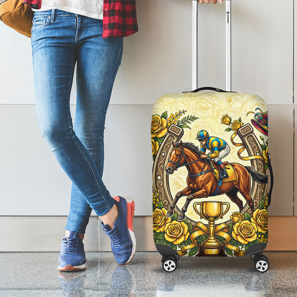 Melbourne Horse Race Luggage Cover Aussie Floral Horseshoe Yellow Rose