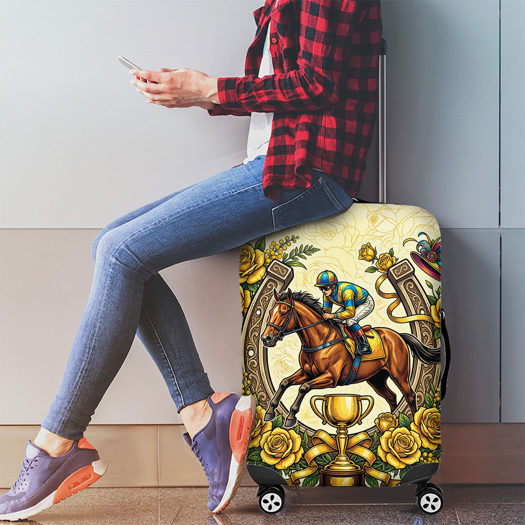 Melbourne Horse Race Luggage Cover Aussie Floral Horseshoe Yellow Rose