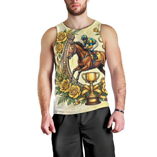 Melbourne Horse Race Men Tank Top Aussie Floral Horseshoe Yellow Rose