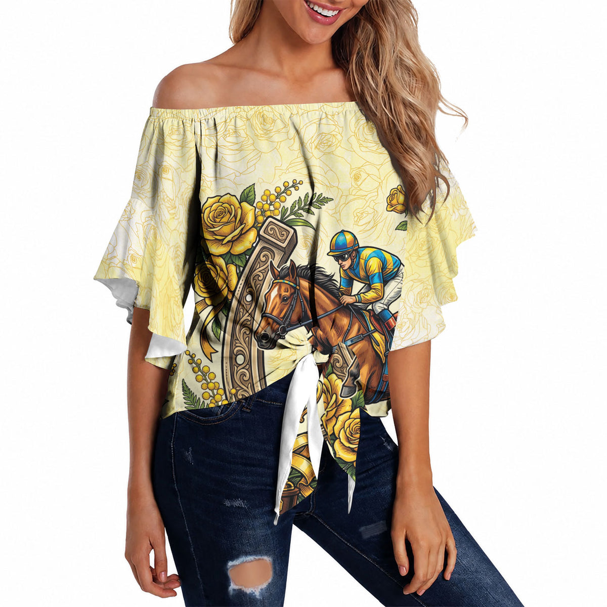 Melbourne Horse Race Off Shoulder Wrap Waist Top Aussie Floral Horseshoe Yellow Rose
