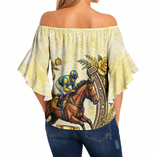 Melbourne Horse Race Off Shoulder Wrap Waist Top Aussie Floral Horseshoe Yellow Rose