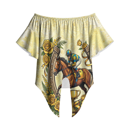 Melbourne Horse Race Off Shoulder Wrap Waist Top Aussie Floral Horseshoe Yellow Rose