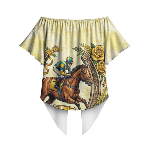Melbourne Horse Race Off Shoulder Wrap Waist Top Aussie Floral Horseshoe Yellow Rose
