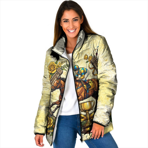 Melbourne Horse Race Padded Jacket Aussie Floral Horseshoe Yellow Rose