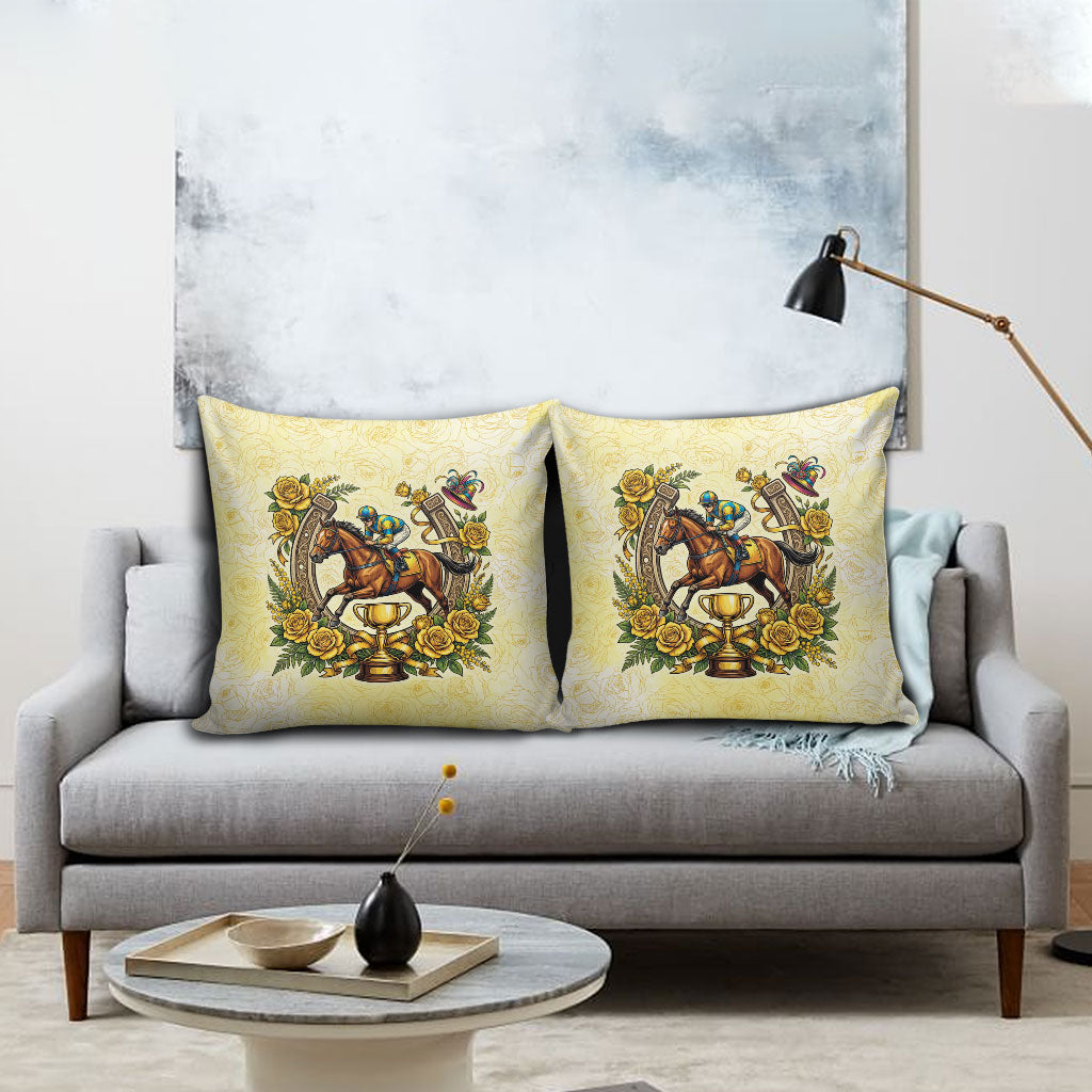 Melbourne Horse Race Pillow Cover Aussie Floral Horseshoe Yellow Rose
