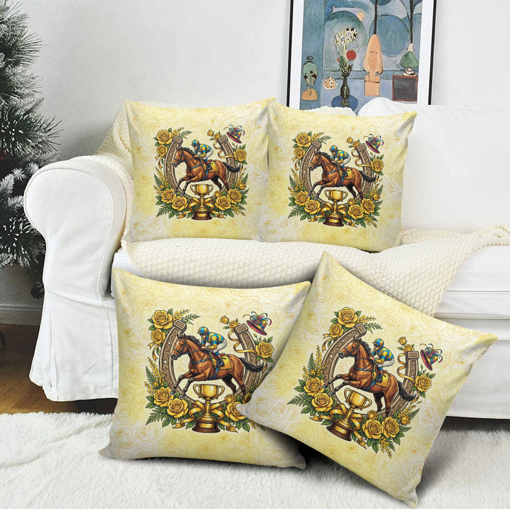 Melbourne Horse Race Pillow Cover Aussie Floral Horseshoe Yellow Rose