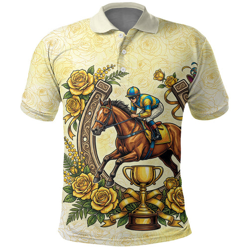Melbourne Horse Race Polo Shirt Aussie Floral Horseshoe Yellow Rose