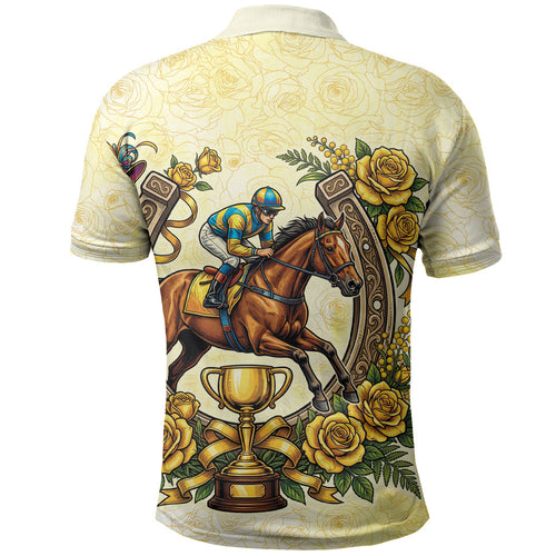 Melbourne Horse Race Polo Shirt Aussie Floral Horseshoe Yellow Rose