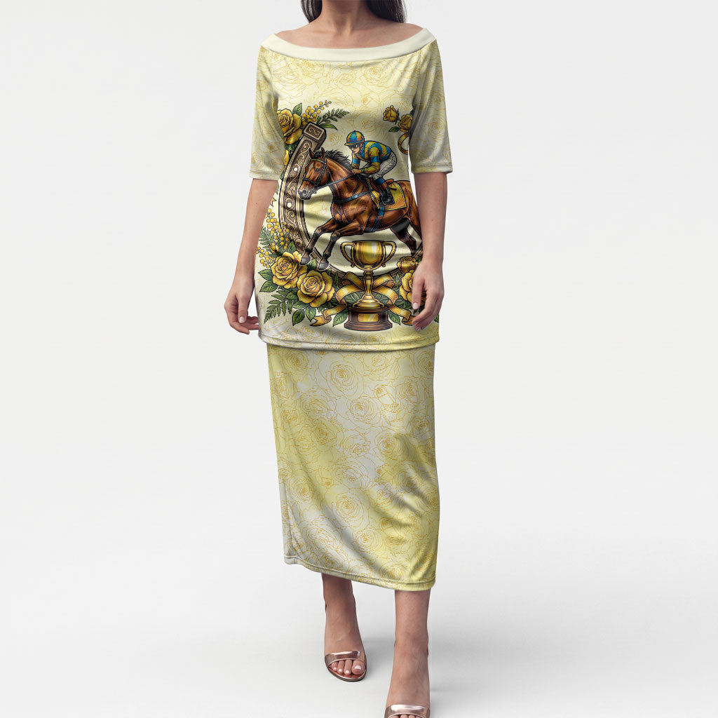 Melbourne Horse Race Puletasi Aussie Floral Horseshoe Yellow Rose