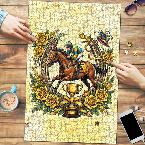 Melbourne Horse Race Puzzle Aussie Floral Horseshoe Yellow Rose