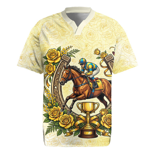 Melbourne Horse Race Rugby Jersey Aussie Floral Horseshoe Yellow Rose