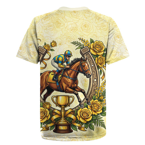 Melbourne Horse Race Rugby Jersey Aussie Floral Horseshoe Yellow Rose
