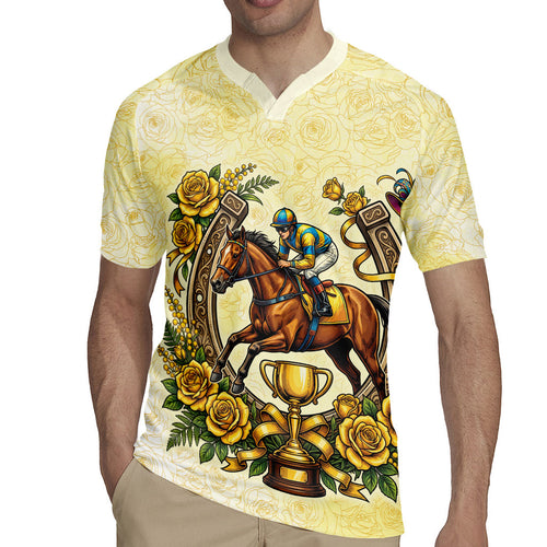 Melbourne Horse Race Rugby Jersey Aussie Floral Horseshoe Yellow Rose
