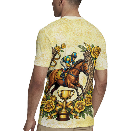 Melbourne Horse Race Rugby Jersey Aussie Floral Horseshoe Yellow Rose