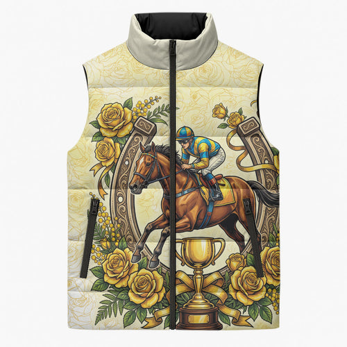 Melbourne Horse Race Sleeveless Puffer Jacket Aussie Floral Horseshoe Yellow Rose