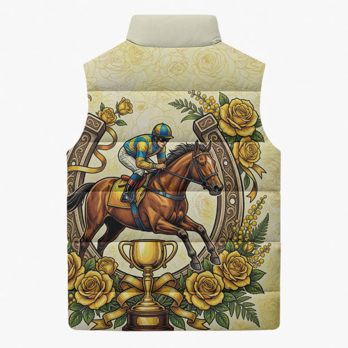 Melbourne Horse Race Sleeveless Puffer Jacket Aussie Floral Horseshoe Yellow Rose