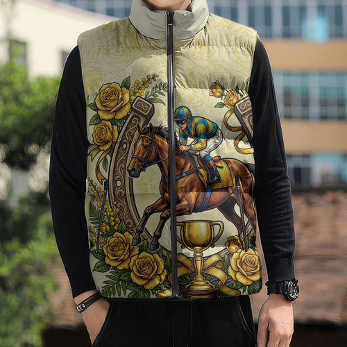 Melbourne Horse Race Sleeveless Puffer Jacket Aussie Floral Horseshoe Yellow Rose
