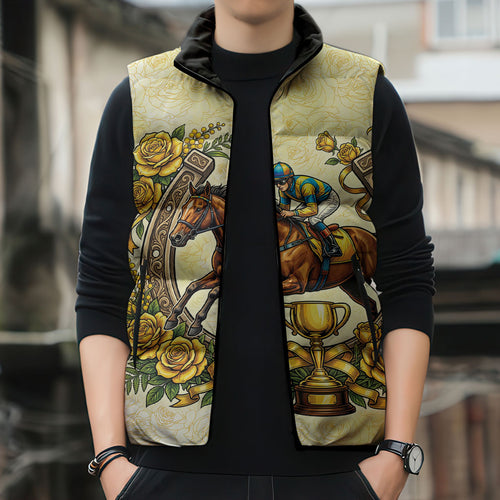 Melbourne Horse Race Sleeveless Puffer Jacket Aussie Floral Horseshoe Yellow Rose