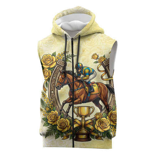 Melbourne Horse Race Sleeveless Zip Hoodie Aussie Floral Horseshoe Yellow Rose