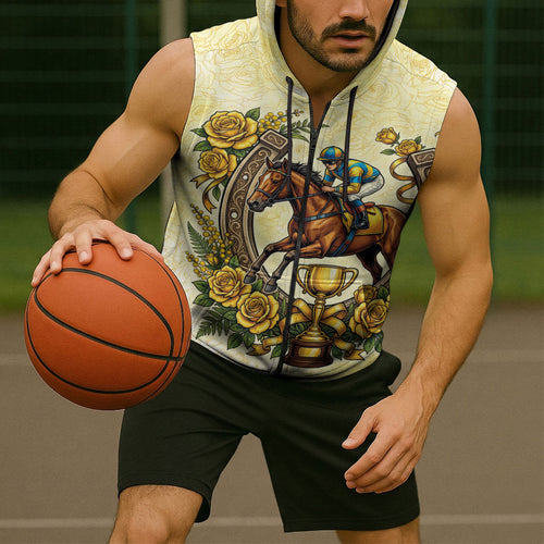 Melbourne Horse Race Sleeveless Zip Hoodie Aussie Floral Horseshoe Yellow Rose