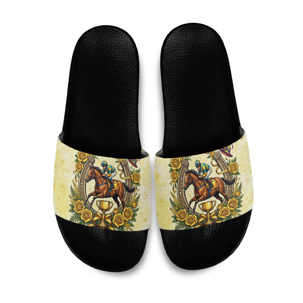Melbourne Horse Race Slide Sandals Aussie Floral Horseshoe Yellow Rose