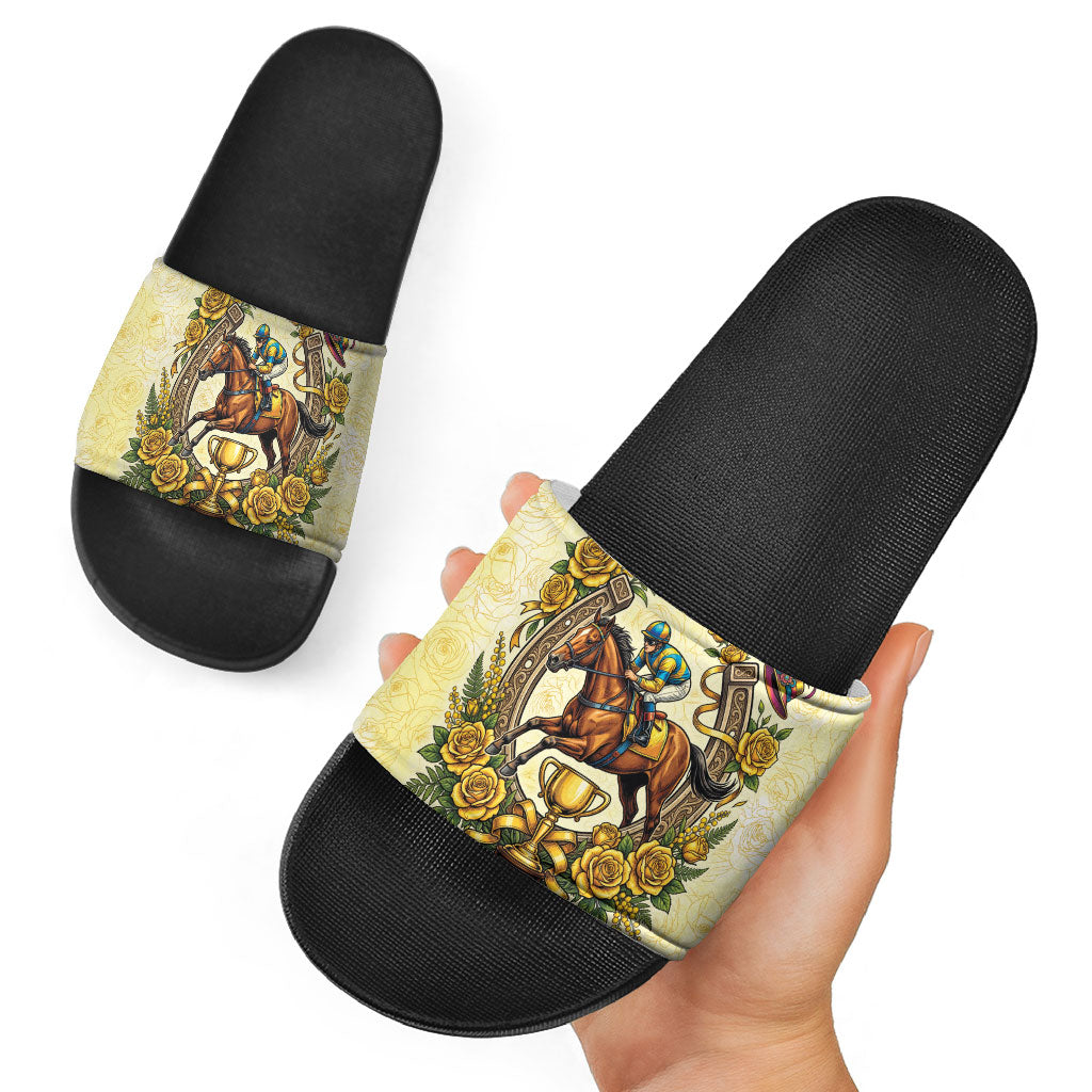 Melbourne Horse Race Slide Sandals Aussie Floral Horseshoe Yellow Rose