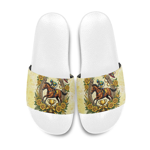 Melbourne Horse Race Slide Sandals Aussie Floral Horseshoe Yellow Rose