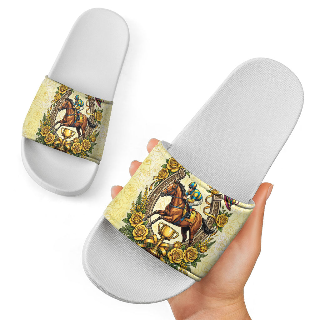 Melbourne Horse Race Slide Sandals Aussie Floral Horseshoe Yellow Rose