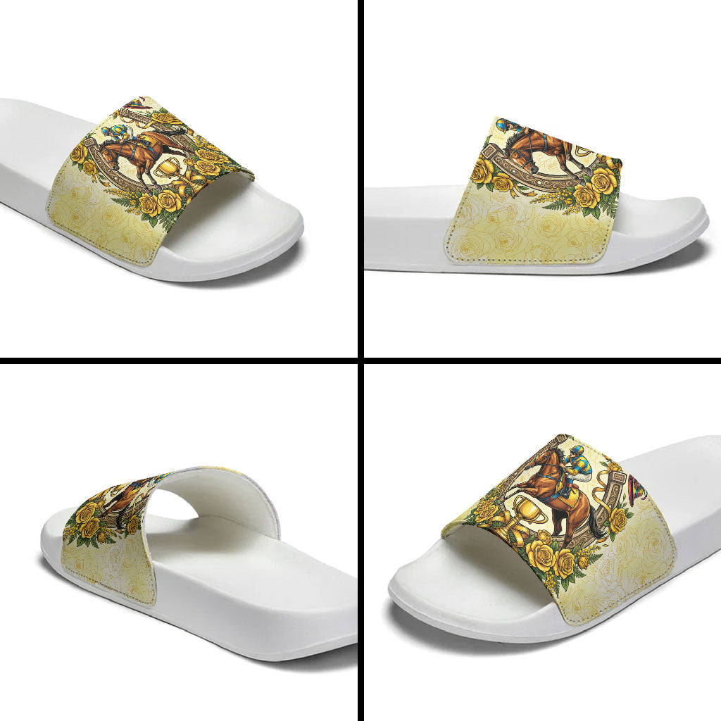 Melbourne Horse Race Slide Sandals Aussie Floral Horseshoe Yellow Rose