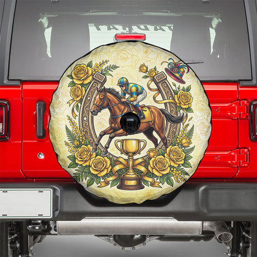 Melbourne Horse Race Spare Tire Cover Aussie Floral Horseshoe Yellow Rose