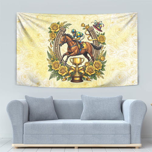 Melbourne Horse Race Tapestry Aussie Floral Horseshoe Yellow Rose