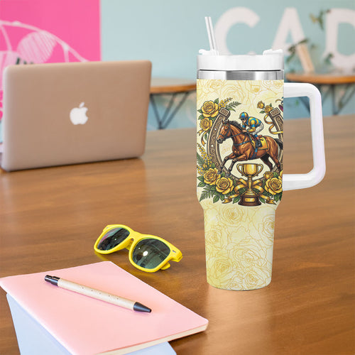 Melbourne Horse Race Tumbler With Handle Aussie Floral Horseshoe Yellow Rose