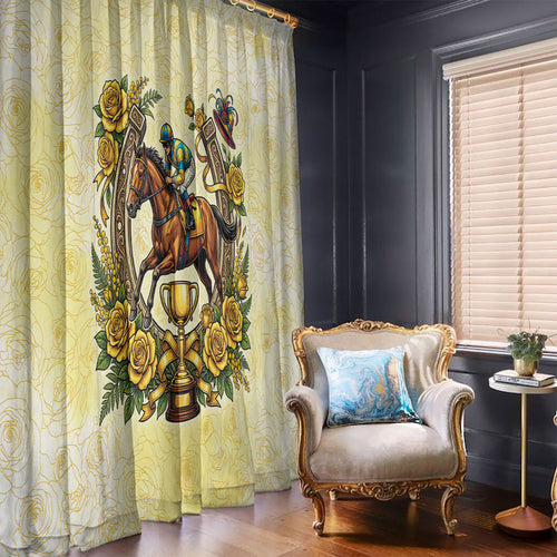 Melbourne Horse Race Window Curtain Aussie Floral Horseshoe Yellow Rose