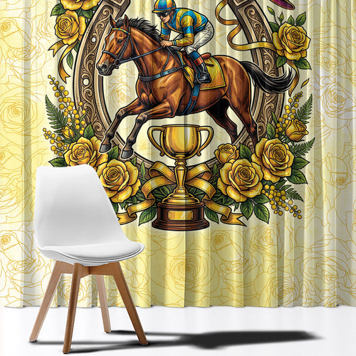 Melbourne Horse Race Window Curtain Aussie Floral Horseshoe Yellow Rose