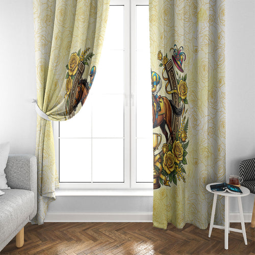 Melbourne Horse Race Window Curtain Aussie Floral Horseshoe Yellow Rose