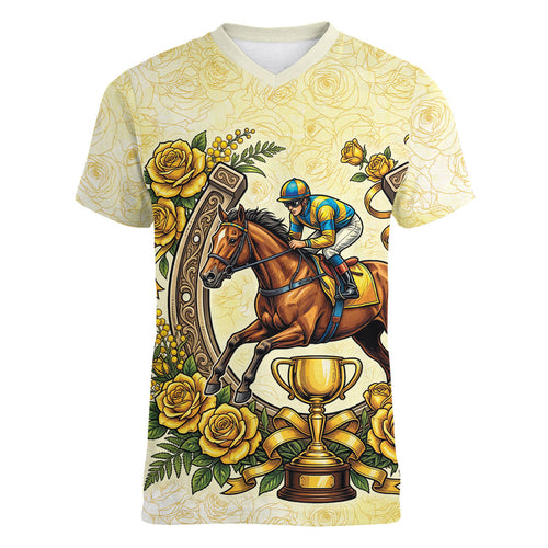 Melbourne Horse Race Women V-Neck T-Shirt Aussie Floral Horseshoe Yellow Rose