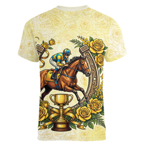 Melbourne Horse Race Women V-Neck T-Shirt Aussie Floral Horseshoe Yellow Rose