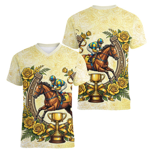 Melbourne Horse Race Women V-Neck T-Shirt Aussie Floral Horseshoe Yellow Rose