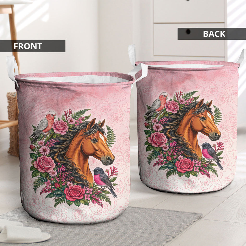 Melbourne Horse Pink Rose Wreath Laundry Basket Aussie Galah Cockatoo and Pink Robin
