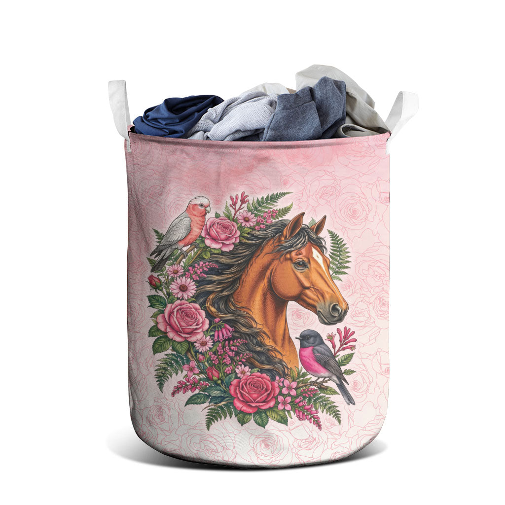 Melbourne Horse Pink Rose Wreath Laundry Basket Aussie Galah Cockatoo and Pink Robin
