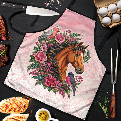 Melbourne Horse Pink Rose Wreath Apron Aussie Galah Cockatoo and Pink Robin