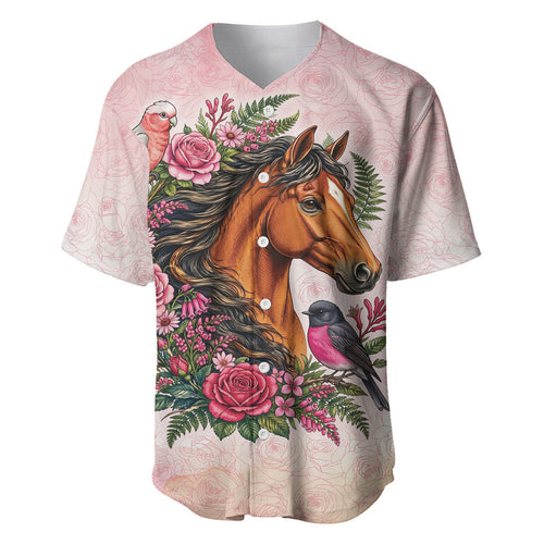 Melbourne Horse Pink Rose Wreath Baseball Jersey Aussie Galah Cockatoo and Pink Robin