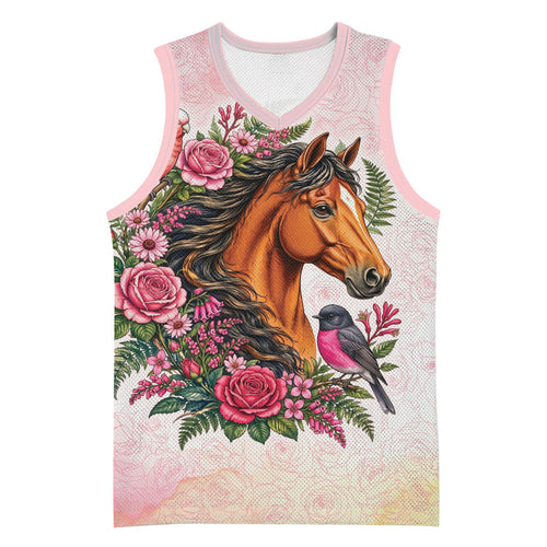 Melbourne Horse Pink Rose Wreath Basketball Jersey Aussie Galah Cockatoo and Pink Robin