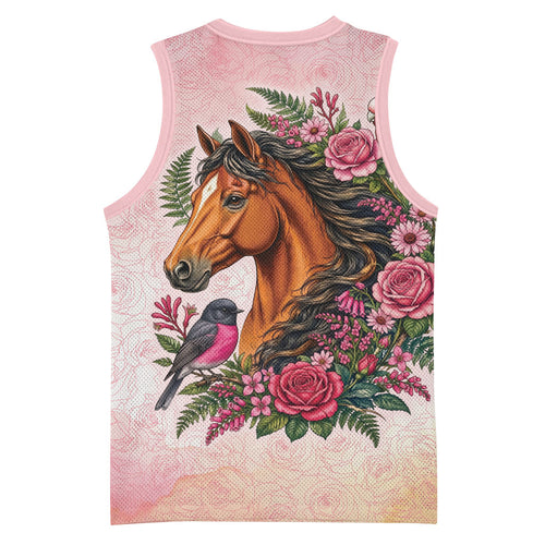 Melbourne Horse Pink Rose Wreath Basketball Jersey Aussie Galah Cockatoo and Pink Robin