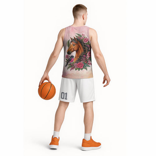 Melbourne Horse Pink Rose Wreath Basketball Jersey Aussie Galah Cockatoo and Pink Robin