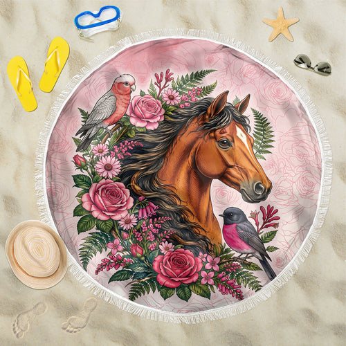 Melbourne Horse Pink Rose Wreath Beach Blanket Aussie Galah Cockatoo and Pink Robin